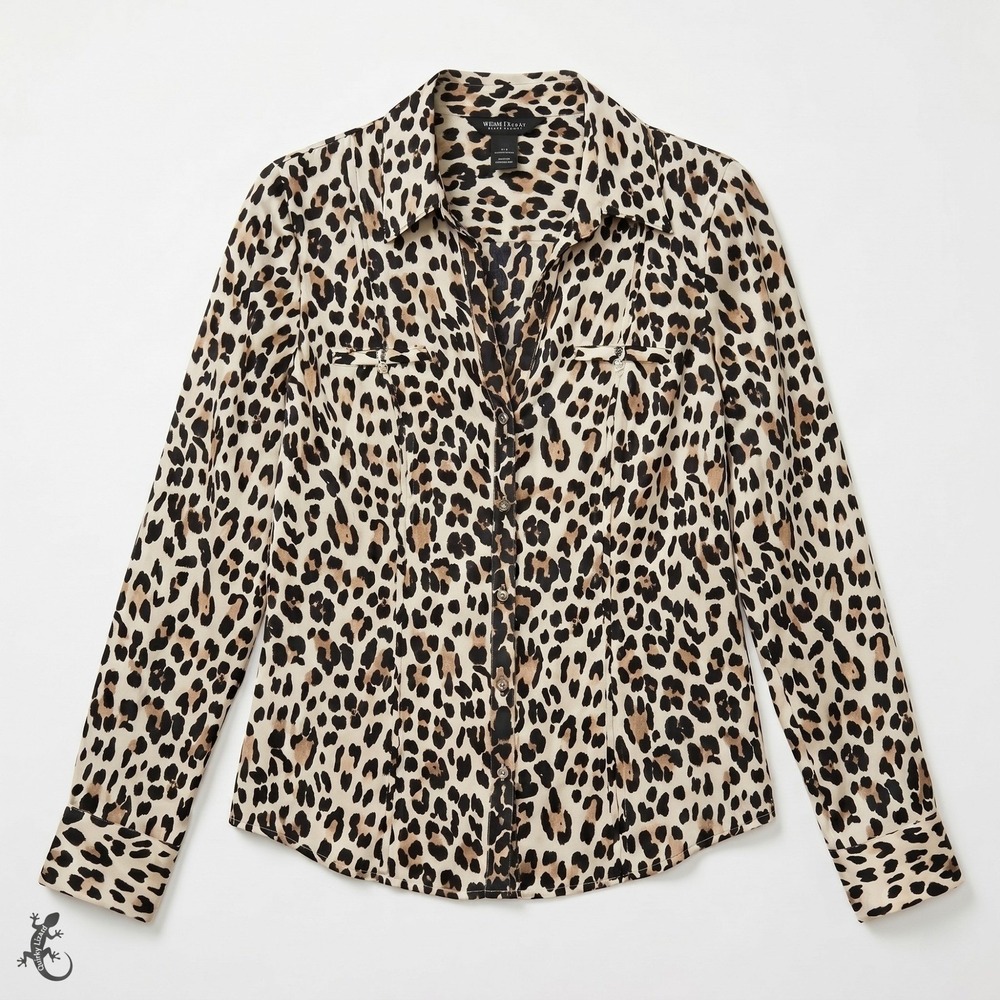 White‎ House Black Market Womens 4 Silk Leopard Print Button Down Blouse Shirt